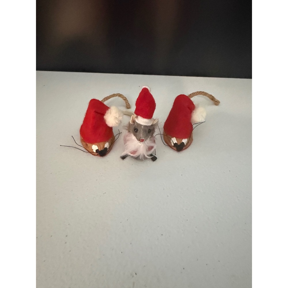 Vintage Christmas Mouse Ornaments Set of 3 Walnut Shell Santa Hat Mice Decor